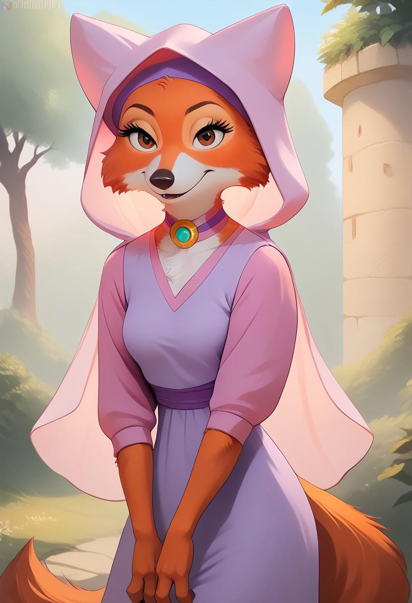 anthro furry female MarianC,fox,by cooliehigh,medium breast, solo, portrait,good hand, four fingers,Long brown hair ((pink wimple, broochC, purple dressC, pink chemiseC)),(orange fur),(pink hood),standing,skinny, looking at viewer, fur bodycastle, medieval landscape ,realistic style, complex background,milf,sexy pose,foxtail,rating safe,brown eyes,big eyes,cartoon eyes,score_9,score_8,score_7,score_8_up,score_7_up,score_6_up,