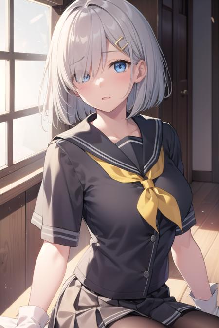 hamakaze, <lora:hamakaze-lora-nochekaiser:1>, 
hamakaze, blue eyes, grey hair, hair ornament, hair over one eye, hairclip, short hair, short hair,
BREAK black pantyhose, buttons, gloves, grey sailor collar, grey skirt, hairclip, neckerchief, pantyhose, pleated skirt, sailor collar, school uniform, serafuku, skirt, white gloves, yellow neckerchief,
BREAK looking at viewer,
BREAK indoors, classroom,
BREAK <lyco:GoodHands-beta2:1>, (masterpiece:1.2), best quality, high resolution, unity 8k wallpaper, (illustration:0.8), (beautiful detailed eyes:1.6), extremely detailed face, perfect lighting, extremely detailed CG, (perfect hands, perfect anatomy),