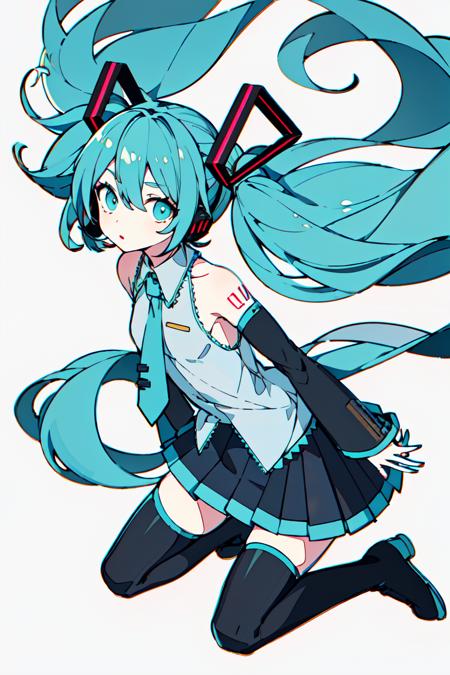 masterpiece, intricate detail,best quality, chromatic aberration, <lora:HaranoKaguyama:0.8>1girl, solo, skirt, hatsune miku, long hair, thighhighs, twintails, detached sleeves, necktie, thigh boots, shirt, boots, black skirt, kneeling, sleeveless, headset, aqua eyes, pleated skirt, aqua hair, full body, sleeveless shirt, simple background, zettai ryouiki, very long hair, white background, tattoo, black footwear, black thighhighs, hair ornament