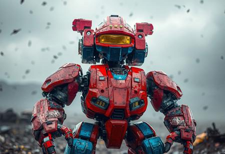 A detailed, 4K image showcases a formidable Chronomaly Mud Golem robot, a fusion of mechanical and organic elements, standing proudly against a Chaos Field backdrop. The robot, primarily red and blue, boasts a sturdy build with contrasting accents and a yellow visor on its blue head, suggesting a functional surveillance purpose. The Chronomaly Mud Golem robot's arms and legs, poised in a readiness stance, exude a sense of power, making for a striking, captivating sight with vivid colors, sharp lines, and harmonious composition. This image embodies a contemporary aesthetic, with a multi-colored palette, intentional focus, and cinematic lighting, evoking joyful impact and a powerful message.