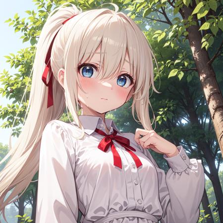 amazing intricate, a cute girl, platinum blond hair, (long ponytail:1.2), blue eyes, (dropping eyes:1.2), blush, small breasts, (surplised, sweat:1.2), 
looking at viewer, (from below:1.5), upper body, 
collared dress, white dress, long sleeves, 
in forest