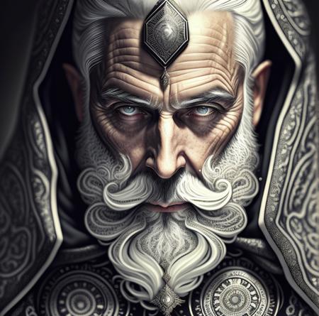 fusionart elderly man, long white beard, black robe, intricate designs, <lora:fusionart_v3:1>