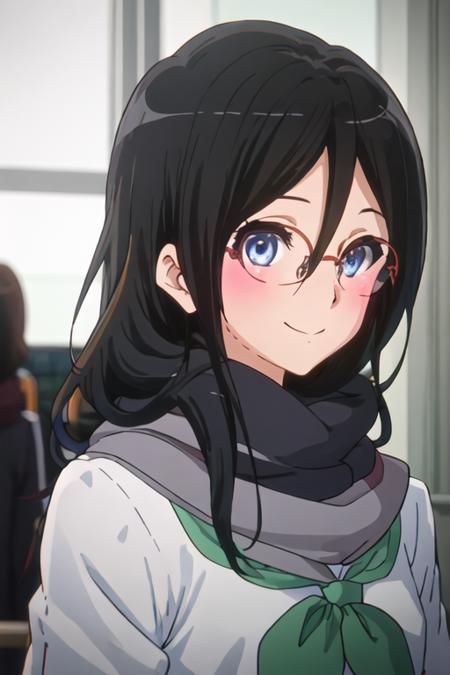 best quality, masterpiece, highres, solo, {tanaka_asuka_soundeuphonium:1.15}, black_hair, long_hair, glasses, blue_eyes, blush, red-framed_eyewear, serafuku, over-rim_eyewear, semi-rimless_eyewear, closed_mouth, hair_between_eyes, 1girl, looking_at_viewer, smile, scarf