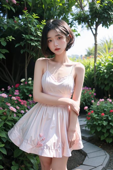 (highly detailed body, highly detailed face:1.2), <lora:candytt:1>candytt,short hair,black hair,small breast, standing,look at viewer, pink dress, romantic setting, dreamy pastel palette, outdoor, garden, flower