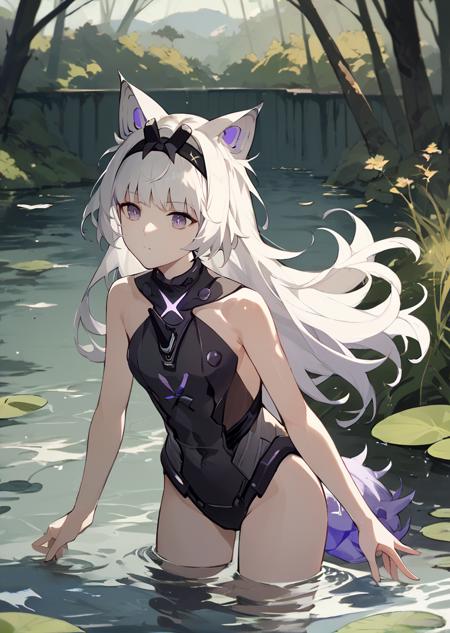 21feralscent, white hair, wolf ears, long hair, black hairband, grey eyes, heterochromia, black leotard, black collar, black sleeves, spiked armlet, hip straps, black thighhighs 21misc claw \(weapon\), purple lightning