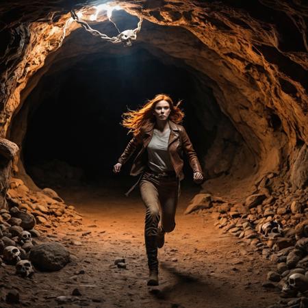 Woman running towards the camera, inside a dark cave. A giant rocky sphere is behind her.
She's wearing a brown fedora, brown leather jacket, baggy pants.  There are lots of skulls and bones on the ground.
She has a worried look on her face.  She has long flowing orange hair.
A leather whip is coiled up on her hip.