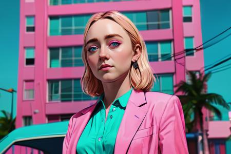 saoirse ronan, as a character in GTAV, vice city, neon, pastel, miami vice, flat colors, dutch angle, tilted angle, rockstar games, gta vice city, grand theft auto style, exaggerated, pop art style, vibrant colors, full body view
  <lora:add-detail-xl:1> <lora:aesthetic:1>  <lora:detailed_notrigger:1> <lora:Line Art Style SDXL_LoRA_20r_20e_8i_nr32_a16_Pony Diffusion V6 XL:1>