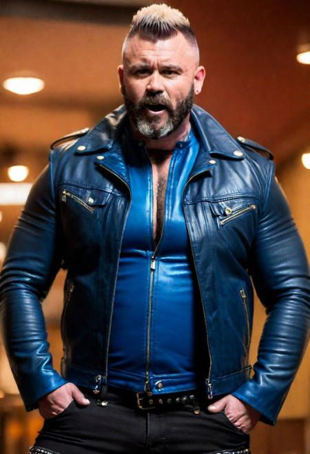 1man, punk band cover,blue theme, mature, mohawk, (huge, beefy, hot, hairy, musclebear man, manly, wide jaw), leather jacket, blue shirt, tight black jeans, vibrant colors, film grain, (bokeh:1.4), fashion magazine,