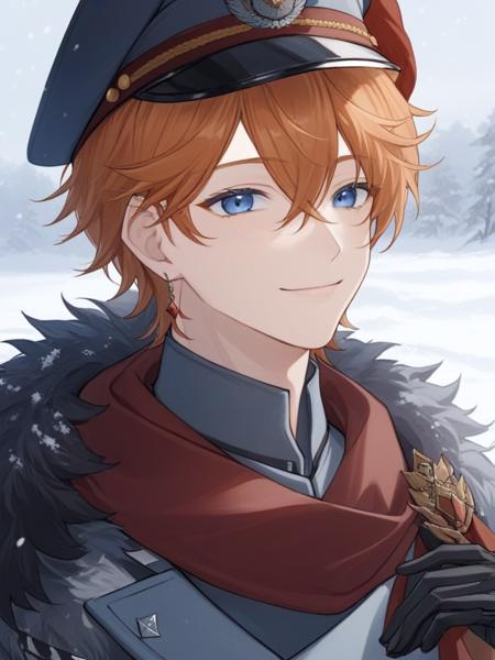 <lora:å¬å­:1>ï¼1boy, wolf, male_focus, hat, blue_eyes, red_scarf, scarf, jewelry, orange_hair, bangs, earrings, hair_between_eyes, gloves, single_earring, fur_trim, black_gloves, upper_body, military_hat, closed_mouth, snow, solo, coat, fur-trimmed_coat, military, looking_at_viewer, smile, twitter_username, peaked_cap, jacket, alternate_costume, military_uniform, short_hair