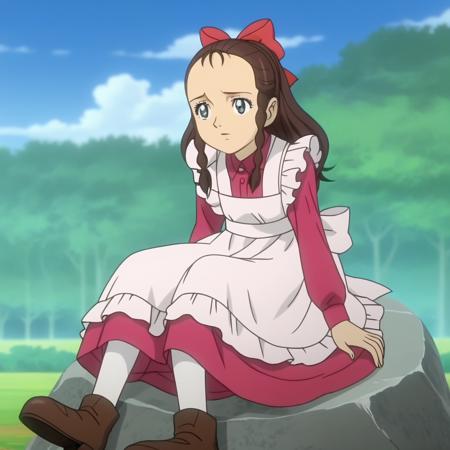 emily, 1girl, solo, brown hair, long hair, blue eyes, braid, hair bow, dress, maid apron, brown footwear