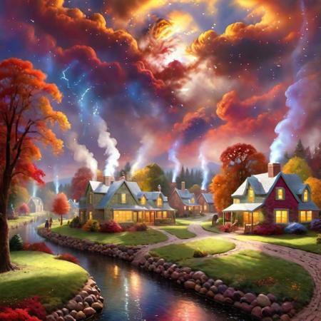 photo realistic, hyper detailed 8k Thomas Kinkade Style village with a large Thomas Cole Style landscape in   Style-Autumn with a sky like a nebula
