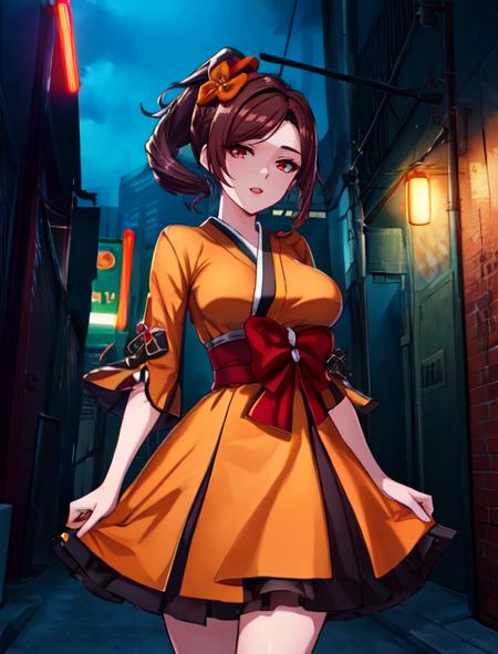 best quality, masterpiece, highres, detailed, digital artwork, <lora:Tools - add_detail:0.2>, ChioriGenshin, red eyes, brown hair, ponytail, short hair, drill hair, orange dress, traditional clothes, head flower, medium breasts, <lora:Character - ChioriGenshin:0.9>, excited, casino, money, neon lights, city, night, shady, alley,