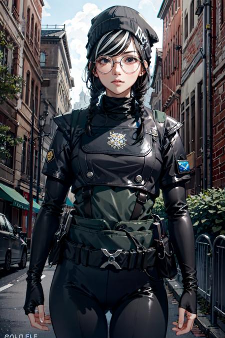 masterpiece, high quality cg, anime, illustration, best quality, 1girl, bound, bondage, beautiful face, detailed face, cowboy shot, dokkaebi, 1girl, solo, looking at viewer,  black hair, braid, glasses, black gloves, belt, pants, black eyes, twin braids, streaked hair, black headwear, bodysuit, black pants, round eyewear, black bodysuit, beanie, hair behind ear, <lora:Dokkaebi:0.9>