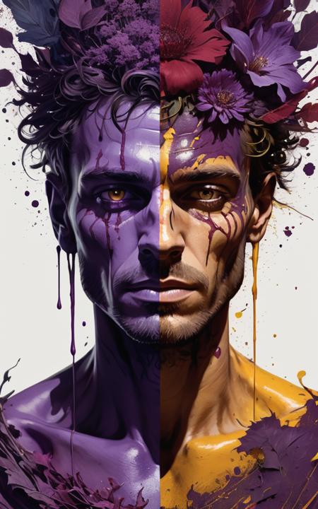 character splash art with expressive paint splashes, 
Split-Complementary colors of (Deep Purple, Maroon, Gold), 60-30-10 color rule, damask fine details.
stunningly beautiful model, perfectly detailed face, hyperdetail eyes, well-dressed,
complex background with intricate details, depth of field, vanishing point,
Art inspired by Carne Griffiths and Art by Wadim Kashin,
Bold digital painting that showcases vibrant and contrasting color schemes creating dramatic landscapes and cityscapes. A unique mixed media piece that utilizes unconventional materials such as tea, brandy, vodka, and ink to create fluid, organic lines and intricate patterns. Use of strong lighting and shadow, giving a sense of depth and atmosphere. Architectural structures are woven seamlessly into nature, blending the line between man-made and natural elements. The work blends abstract forms with figurative elements, often featuring a human face or figure emerging from a chaos of vibrant, flowing lines. Artwork that encompasses a surreal and dreamlike quality, with a touch of mysticism and enchantment. The fusion of the precise with the random, where careful detail meets uncontrolled spontaneity, evokes a sense of dreamlike surrealism by Satori Canton