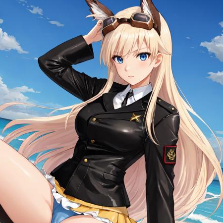 <lora:Hanna-10:1> Hanna , long hair , blonde hair , blue eyes , jacket , skirt , military uniform , goggles , underwear , goggles on head ,