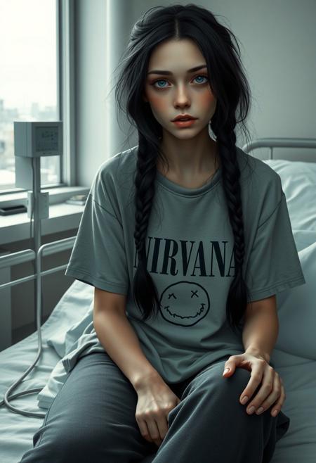 3D style semi-realistic, 19 yo teen girl, pale skin, long black hair in messy braid, exhausted deep-blue eyes. She has a very beautiful oval face, high cheekbones, large full lips. She used to be toned and athletic, but now she is thin and frail; ravaged by Guillain-Barré Syndrome. Wearing oversized t-shirt of the band Nirvana with joggers and thick warm fuzzy socks on her feet. Sitting on hospital bed with IV pole nearby. Snowy cityscape visible through window. Soft textures with muted colors to convey a depressing scene.