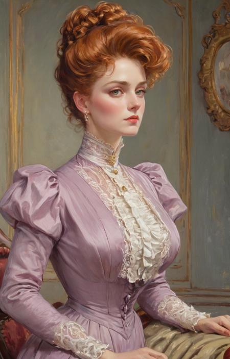 1boy, 1girl, masterpiece, 4k, uhd, dynamic action, (Women are tall with good posture. Women have an arched back and small ass,  women are haughty, women are elegant, women are superior, women are beautiful with high and prominent cheekbones, women have beautiful natural warm skin tones and long and luxuriant (blonde:auburn:0.3) hair, Women are slim with massive breasts. Women wear fitted Edwardian jacket  dresses and narrow skirts. Women are hale and hearty and mirthful.   Women have full lips and a slight sneer,:0.9) Men are tiny and short, men are sniveling and nervous, men have short hair and timid expressions. The scene is moody, (the dominant color being the bright red color of the woman's lips:0.7). an oil painting by Charles Dana Gibson. (An elegantly dressed, very tall and haughty mature Gibson Girl in a palatial room:1.6) <lora:hand 4:1>hand  <lora:Gibson_XL:0.2> by g1bs0n <lora:Belle_Epoque_Dresses_1880-1914_XL:0.2> frilly silk and rich brocade 1900_dr3ss