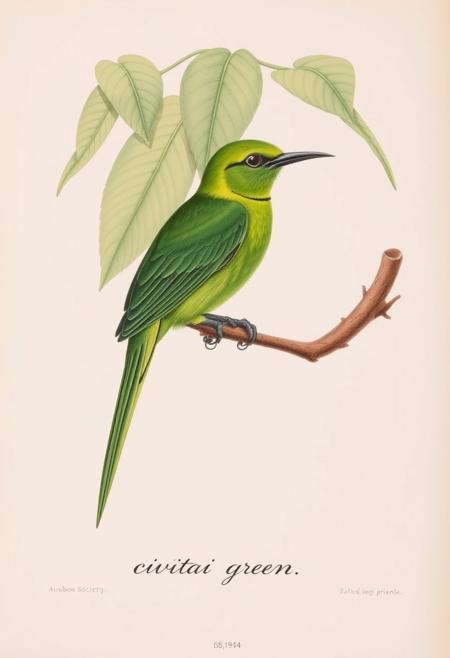 Audubon society drawing of an exotic bright green bird found deep in the amazon, bird is perched on a branch,  various green leaves in the background,
 at the bottom of the print civitai green is written small in cursive script