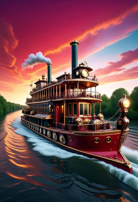 B4TT3R13S masterpiece, high quality, highres, absurdres, highly detailed, steampunk steamboat, riverboat made of batteries, floating on a giant river, red and gold evening sky, dynamic angle, dynamic view, dutch angle, dynamic angle, dynamic view