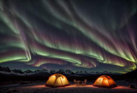 hyper realistic image of a camping ground, in the mountain side, during night, with a beautiful sky filled with aurora borealis with bright colors