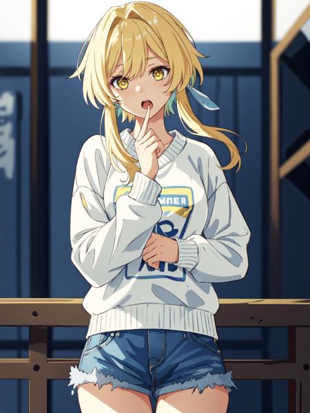 1girl, Lumine, bangs, blonde_hair, blue_shorts, blurry, blurry_background, blurry_foreground, chromatic_aberration, cowboy_shot, denim, depth_of_field, green_hair, hair_between_eyes, long_hair, long_sleeves, looking_at_viewer, open_mouth, yellow_eyes, short_shorts, shorts, sleeves_past_wrists, solo, standing, sweater, white_sweater  <lora:Lumine ref v3:1>