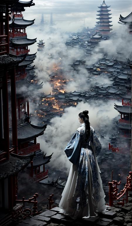 (dramatic, gritty, intense:1.4),masterpiece, best quality, 32k, insane details, intricate details, hyperdetailed, hyper quality, high detail, ultra detailed, Masterpiece, elaborate Hanfu(White and blue Hanfu:1.3)(Chinese architecture:1.5)White and blue upper body
1 girls, smokefogA high fashion model, in an elaborate Hanfu designed by Alexander McQueen, stands amidst a bustling metropolis' futuristic architecture. This full body shot for Vogue, captured by Andreas Gursky, melds tradition and modernity
<lora:~Q?-[lIg
:0.9>