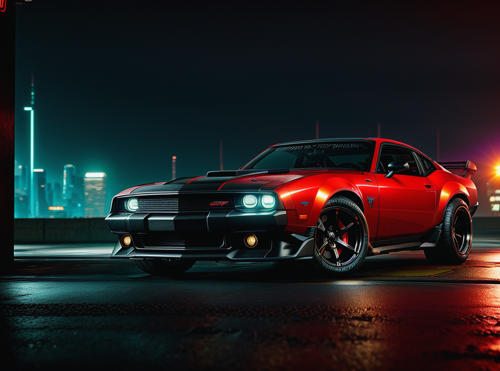 cyberpunk 2077 red off-road muscle car with gear and guns attached, dirty, in cyberpunk 2077 urban photoshoot, sunset, running at high speed, glowing lights, speed sensation, well framed at middle range, (knobby tires), slammed, extreme detail, illegal battle car, extreme photorealistic, 3D, 8k, Hyper detailed car, perfect soft lighting, great lighting, car photography, fisheye lens, raining, reflection, octane render, high quality, <lora:more_details:1.2>