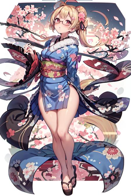 Blonde Hair,  Red Eyes,  hair ornament,  ahoge,  blue_kimono,  blush,  bow,  closed_mouth,  clothing,  floral_print,  fur_collar,  hair_bow,  hair_bun,  hair_ornament,  long_sleeves,  looking_at_viewer,  full_body,  standing,  obi,  print_kimono,  single_hair_bun,  sleeves_past_fingers,  sakura_tree,  sunlight,  thicc_thighs,  big_breasts,  park,  glasses,  black_gloves,  from_above, <lora:EMS-43610-EMS:1.000000>