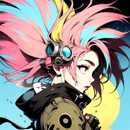 1girl, floating_hair, from_side, goggles, goggles_on_head, moon, multicolored_hair, pink_hair, solo, wind by JM