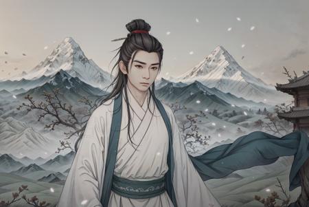 (masterpiece:0.8),best quality,
gongbiv,gongbi painting,1boy,male focus,solo,black hair,long hair,mountain,bird,upper body,hanfu,chinese clothes,hair ornament,robe,hair stick,hair pulled back,black eyes,outdoors,looking to the side,looking away,flock,grey sky,single hair bun,half updo,white robe,brown eyes,japanese clothes,petals,lips,closed mouth,topknot,sky,hair bun,animal,mountainous horizon,brown background,long sleeves,wind,
Chinese style meticulous painting,<lora:gongbi painting:0.8>,