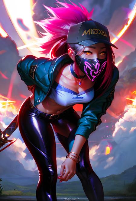 1girl, solo, long hair, looking at viewer, hat, navel, holding, cleavage, jewelry, medium breasts, jacket, yellow eyes, ponytail, weapon, purple hair, red hair, open clothes, choker, midriff, belt, pants, artist name, holding weapon, bracelet, open jacket, crop top, strapless, leaning forward, mask, glowing, baseball cap, asymmetrical legwear, cropped jacket, mouth mask, uneven legwear, glowing eye, single pantsleg, 
 <lora:paulnong:1>