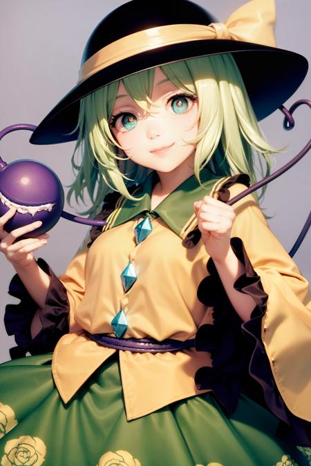 masterpiece, best quality,  <lora:KomeijiKoishi:1>,1girl,smile,komeiji koishi, hat,hat bow,green hair,green eyes,symbol-shaped pupils,yellow shirt,green skirt,third eye,long sleeves, wide sleeves, floral print, eyeball,grey background,