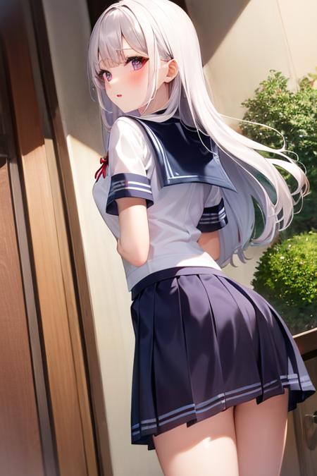 1girl, solo, school uniform, skirt, serafuku, short sleeves, bow, sailor collar, blue skirt, shirt, standing, white shirt, ribbon,, standing, white hair, purple eyes, indoors, very long hair,arms behind back,from behind,doggystyle,  <lora:amavelmessageribbon:0.8> <lora:StandingDoggystyle_v11a:0.1>