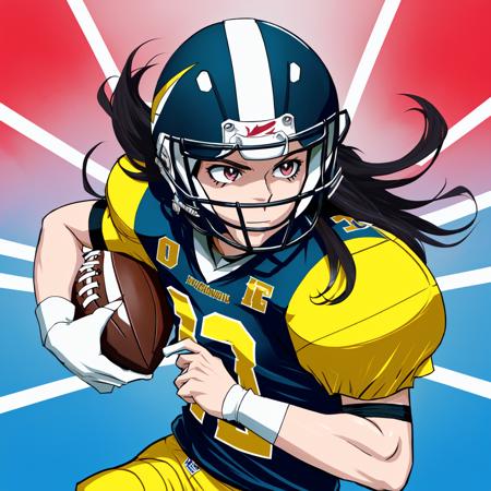 anime magical girl playing American football wearing full football uniform, long flowing hair, eyeblack, football helmet, kinetic action, cartoonish, anime style, hand drawn, cute, beautiful, perfect face, perfect hands, football object, feminine, womanly, ladylike,