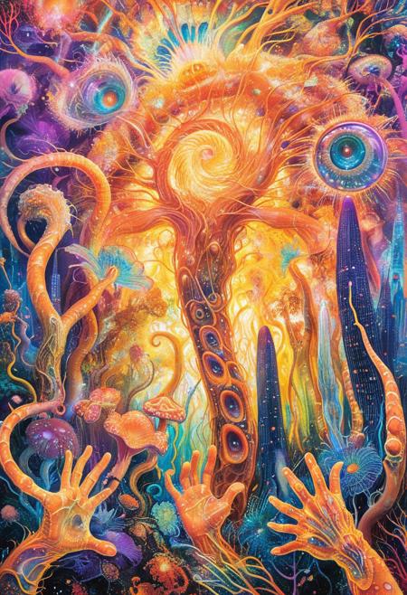 psychadelic, PsychadelicChaos, A mind-bending dream city where the skyscrapers breathe, their facades shifting between living flesh, metallic fractals, and pulsating neon membranes. The streets ripple like liquid glass, distorting perspectives as if bending reality itself. Floating islands of glowing fungi hover above, their roots dripping with iridescent, color-shifting energy. The air is filled with swirling patterns of living ink, forming and reforming hypnotic symbols that change when you try to focus on them. Giant, disembodied hands emerge from the ground, their fingers twisting and melting into spiraling, recursive shapes. Above it all, a colossal, translucent eye watches, its gaze refracting the world into impossible dimensions.
