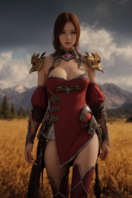 LOAOutfit5 red dress thigh boots pauldrons armor