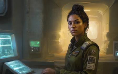 a sci-fi heroine Commander Bria Ursan in an underground bunker glowing monitors and analog switches,metal baroque machinery with a multi-ethnic team of soldiers and scientists  light dust by ClassipeintXL 