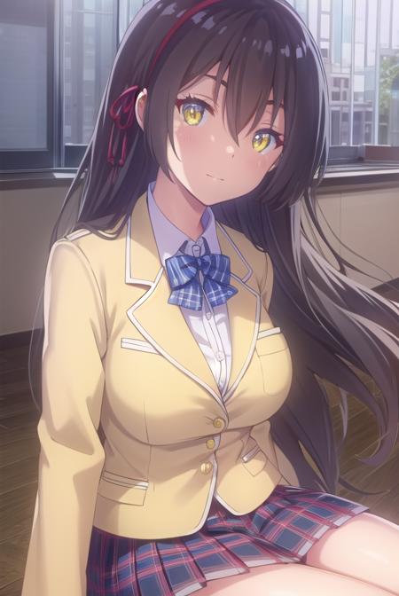 sayukitokihara, <lora:sayuki tokihara s1-lora-nochekaiser:1>,
sayuki tokihara, long hair, black hair, ribbon, hair ribbon, (yellow eyes:1.3), hairband, smile,
BREAK skirt, bow, school uniform, jacket, plaid, plaid skirt, blazer,
BREAK indoors, classroom,
BREAK looking at viewer,
BREAK <lyco:GoodHands-beta2:1>, (masterpiece:1.2), best quality, high resolution, unity 8k wallpaper, (illustration:0.8), (beautiful detailed eyes:1.6), extremely detailed face, perfect lighting, extremely detailed CG, (perfect hands, perfect anatomy),