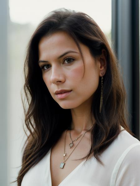 Realistic photo of a beautiful rh0n4m woman,   1girl,solo,long hair,looking at viewer,black hair,jewelry,necklace,lips,window,formal,realistic, soft lighting, professional Photography, Photorealistic, detailed, RAW, analog, sharp focus, 8k, HD, high quality, masterpiece<lora:rh0n4m:1.0>