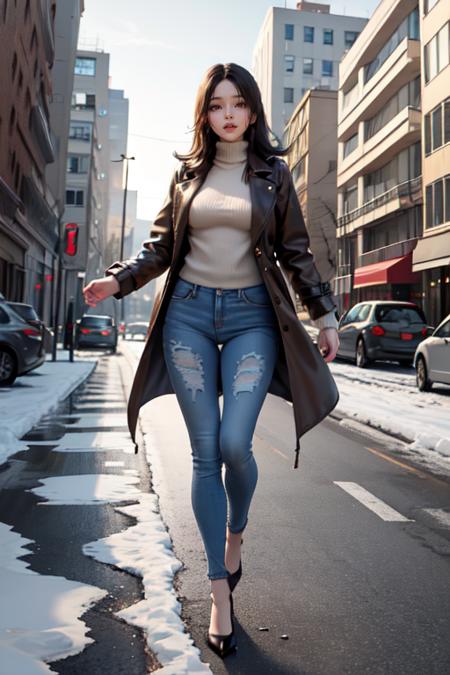 photography,  medium hair layered cut,thigh gap,  medium_big breasts, Dynamic Background, masterpiece, highres, hyper_quality, sidelighting, intricate_details, brown eyes, black hair, very long Hair, brown trench coat, sweater, jeans, white socks, black high heels, seduced_face, full body, daylight, city, street, building, winter background, snowing, Christmas tree, {{{solo}}}, 1girl