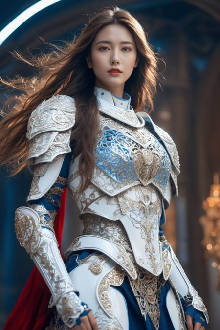 front_view, masterpiece, best quality, photorealistic, raw photo, (1girl, looking at viewer), long hair, mechanical white armor, intricate armor, delicate blue filigree, intricate filigree, red metalic parts, detailed part, dynamic pose, detailed background, dynamic lighting,