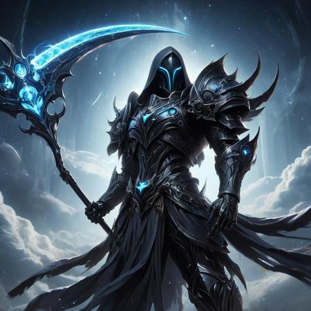 an anime image of a fantasy game knight, wielding a galaxy scythe, galaxy print on the scythe, wearing black armor, allay in background, digital art, HD, masterpiece, best quality, hyper detailed, ultra detailed,