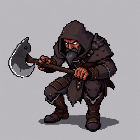 Pixel art rogue wielding a large axe, wearing leather armor and a hood, scarred face, crouching in shadows, ready to strike, gritty and rugged look, 16-bit style.