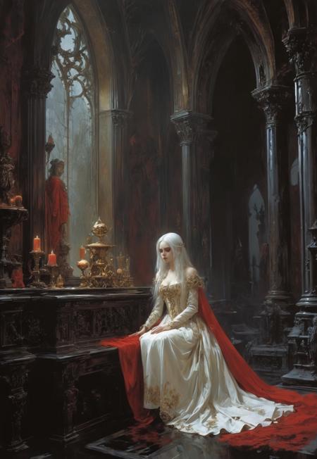 The image depicts a gothic, fantasy setting with a mysterious, ethereal woman sitting amidst a dark, macabre environment. The woman has long, flowing white hair and wears an elegant, dark red dress adorned with subtle gold patterns. She is surrounded by skulls, which adds to the eerie atmosphere. The background is dark and shadowy, with intricate gothic elements and a sense of foreboding.,John Berkey Style page