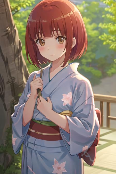 best quality, masterpiece, highres, solo, {yukata:1.40}, {kimono:1.20}, {shinoda_akane_nonnonbiyori:1.15}, short_hair, brown_hair, brown_eyes, bangs, blush, anime_coloring, red_hair