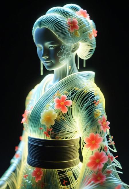 <lora:World_of_Glass_Filament:0.6> made of, tiny neon (glass:1.1) filaments, w0gf1l, Android, geisha, with robotic parts, in flowery kimono, Intricate details, 8 k, cinematic <lora:sss:0.8> subsurface scattering, sss <lora:envyStarlight_v10:0.8>