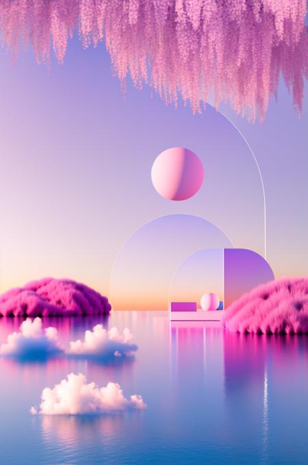 a room with a pink cloud and a boat in the water and a pink sky in the background and a pink cloud in the water , Beeple, redshift render, a raytraced image, global illumination, a 3D render,  volumetric light, photorealism, vaporwave