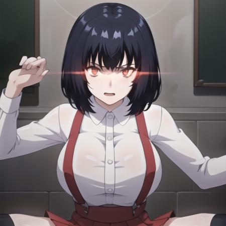 (masterpiece, best quality:1.2),illustration,8k,hd,1girl,solo,bangs,large breasts,red eyes,skirt,suspenders,suspender skirt,socks,black hair,collared shirt,short hair,kneehighs,school uniform,red skirt,white shirt,long sleeves,glowing eyes,<lora:Hanako-V1:0.8>,