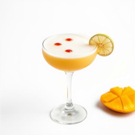simple product Photography image on a plain, blank, pure 100% bright white background of a foamy mango pisco sour in coupe glass with 3 small red spots of bitters, and with dried lime wheel as garnish and a cut mango beside it. zoomed out.