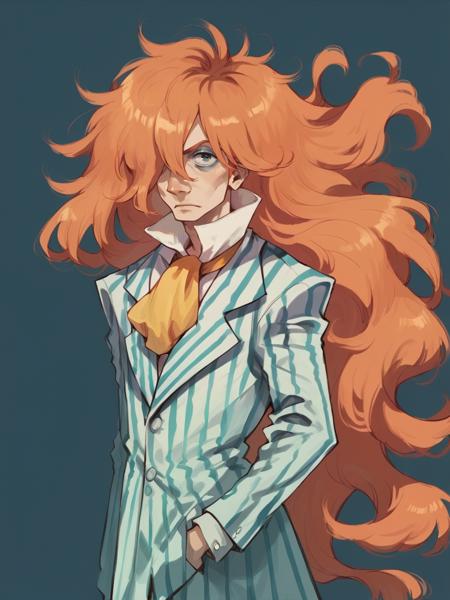 fujimoto, 1boy, long hair, solo, orange hair, striped, hair over one eye